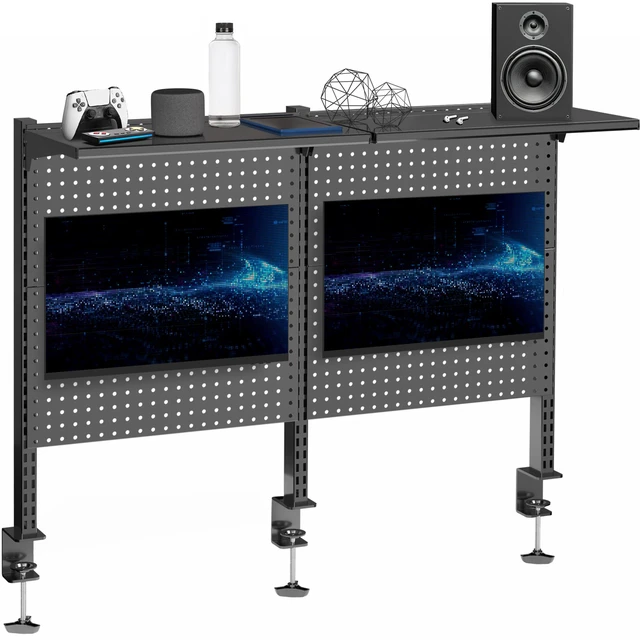 Main image of VIVO Black Steel Clamp-on 47" Pegboard with Monitor Mounts & Overhead Shelf