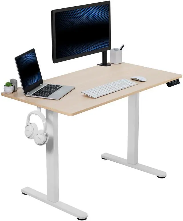 Main image of VIVO Electric 44" x 24" Sit Stand Desk Workstation, Light Wood Top, White Frame