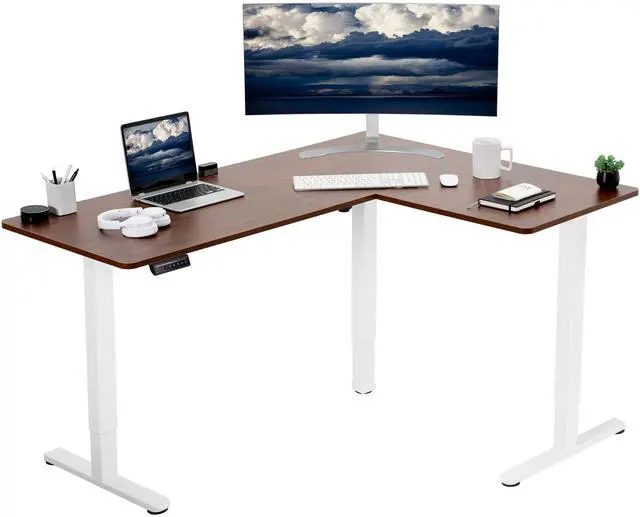 Main image of VIVO Dark Walnut / White Electric 63" x 47" Corner Standing Desk