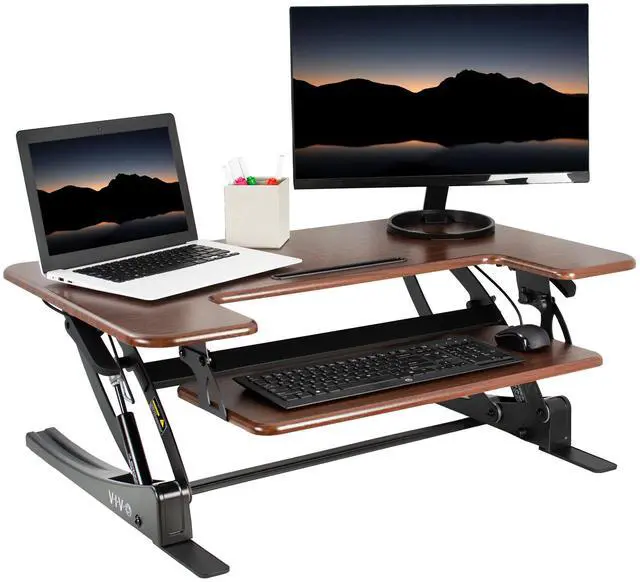 Main image of VIVO Dark Wood Height Adjustable Standing Desk Monitor Riser Tabletop Sit Stand