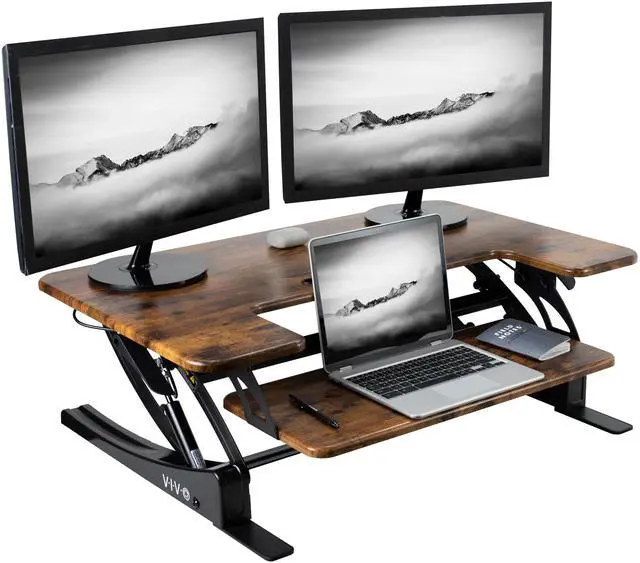 Main image of VIVO Rustic Vintage Brown Standing Desk Riser, Tabletop Sit-Stand, Black Frame