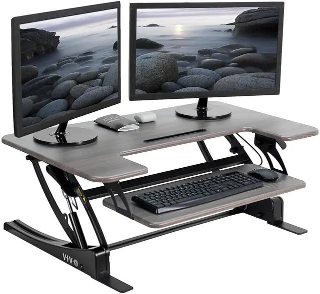 Main image of VIVO Gray Height Adjustable Standing Desk Riser, Tabletop Sit-Stand, Black Frame