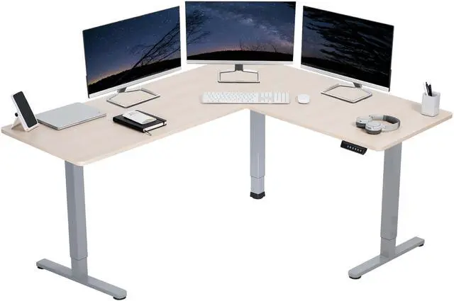 Main image of VIVO Light Wood / Gray Electric 63" x 55" Corner Desk, L-Shaped Workstation