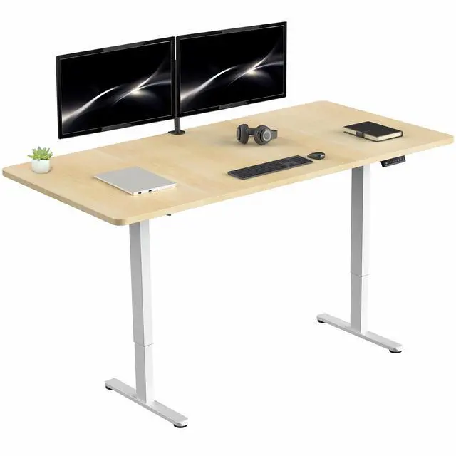 Main image of VIVO Electric Dual Motor 71 x 36 Standing Desk, Light Wood Top, White Frame
