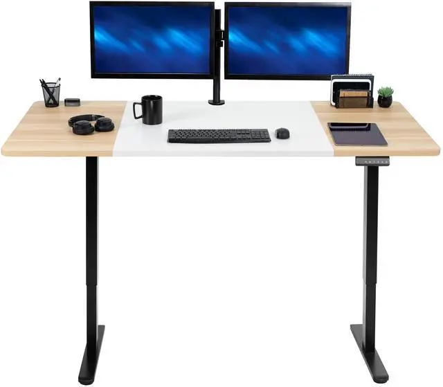 Main image of VIVO Electric Dual Motor 71x30 Standup Desk, White/Light Wood Top, Black Frame