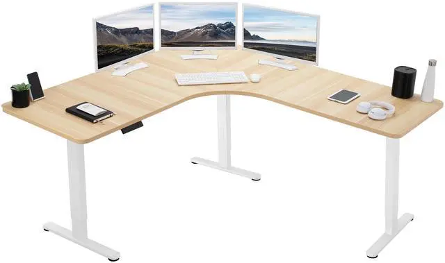 Main image of VIVO Light Wood / White Electric 71" x 71" Curved Corner Stand Up Desk