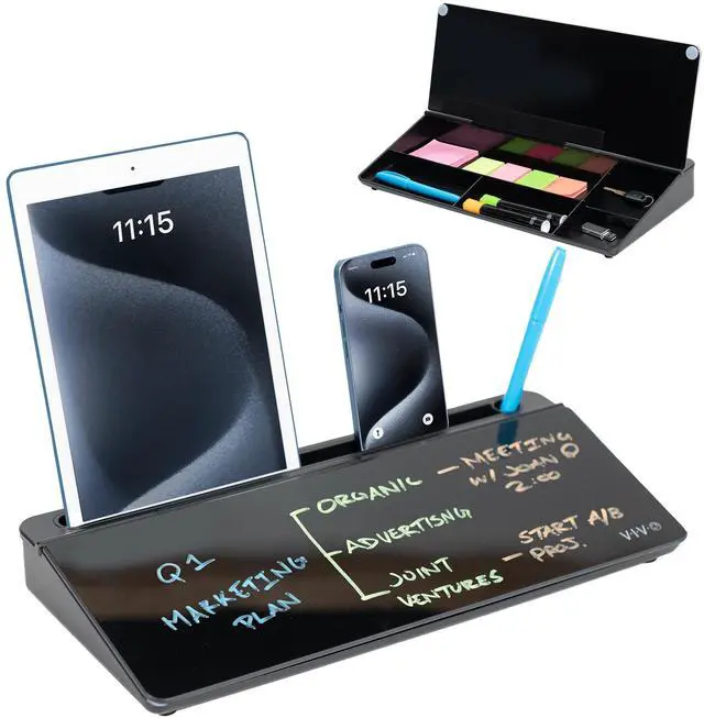Main image of VIVO Black Desktop Dry Erase Board w/ Hidden Storage, 16" x 7" Glass Whiteboard