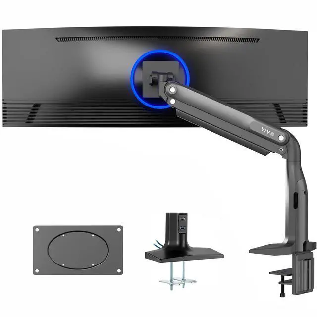 Main image of Single Ultra Wide Monitor Pneumatic Spring Desk Mount with USB, Max VESA 200x100