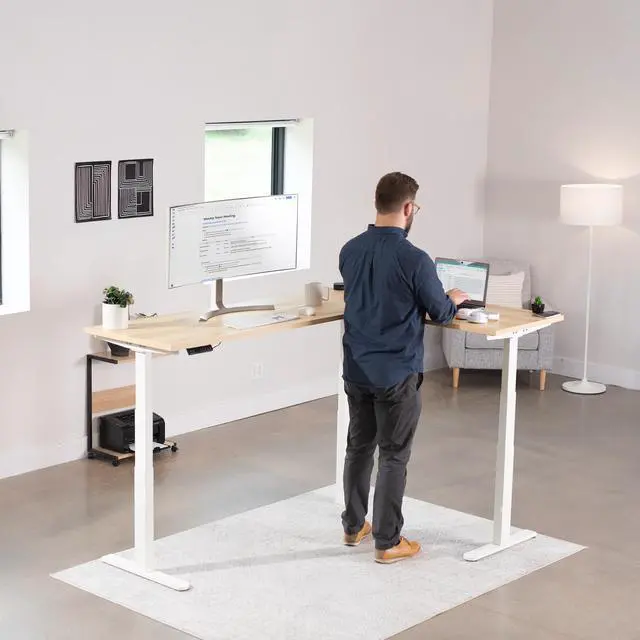 Alt view image 4 of 7 - VIVO Electric 78" x 55" Stand Up Corner Desk, Light Wood Table Tops, White Frame