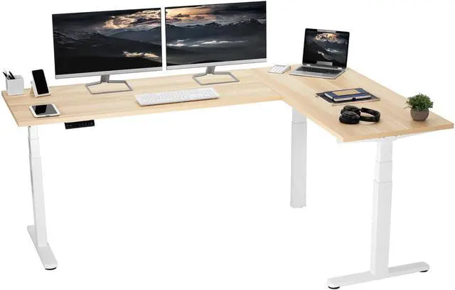 Main image of VIVO Electric 78" x 55" Stand Up Corner Desk, Light Wood Table Tops, White Frame