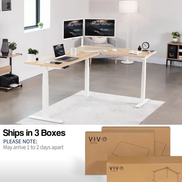 Alt view image 2 of 7 - VIVO Electric 78" x 55" Stand Up Corner Desk, Light Wood Table Tops, White Frame