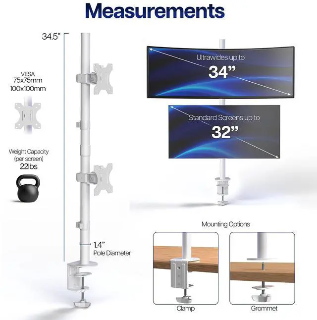 Alt view image 5 of 7 - White Dual LCD Monitor Desk Mount Stand, Stacked Vertical 2 Screens up to 34"