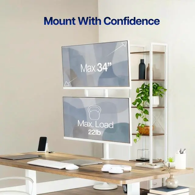 Alt view image 2 of 7 - White Dual LCD Monitor Desk Mount Stand, Stacked Vertical 2 Screens up to 34"