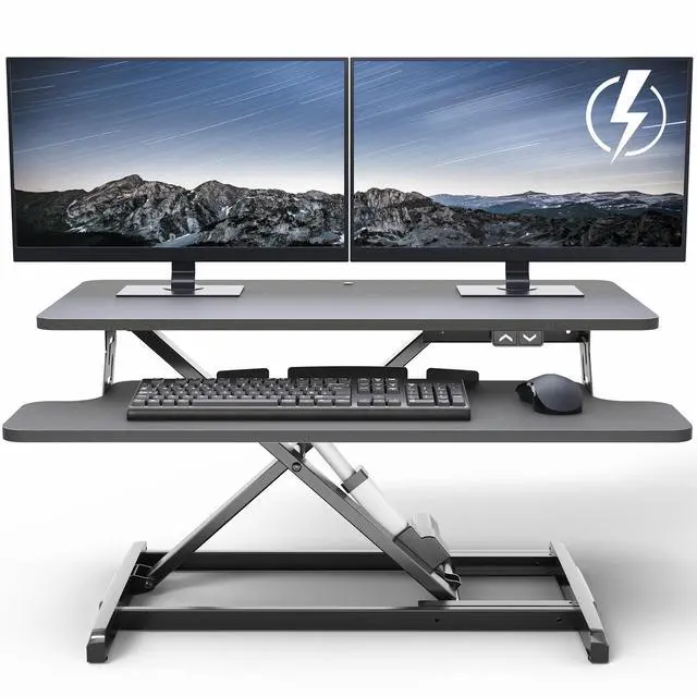 Main image of VIVO Black Electric 32" Standing Desk Monitor Riser, Dual Arm Sit Stand Tabletop