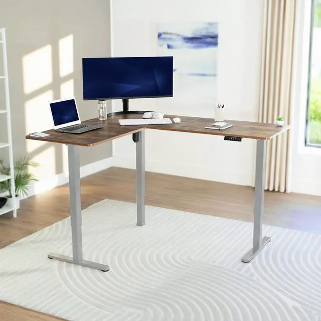 Alt view image 2 of 7 - VIVO Vintage Brown / Gray Electric 63" x 55" Corner Desk, L-Shaped Workstation