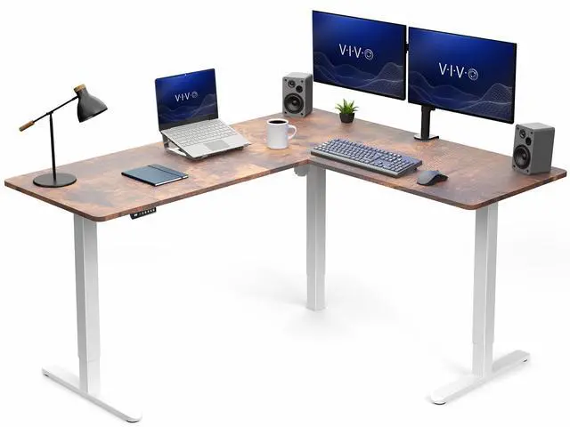 Main image of VIVO Electric 63" x 55" Corner Desk, Rustic Vintage Brown Table Top, White Frame