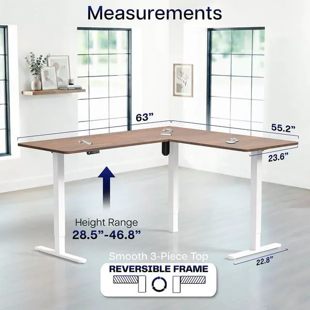 Alt view image 5 of 7 - VIVO Electric 63" x 55" Corner Stand Up Desk, Dark Walnut Table Top, White Frame