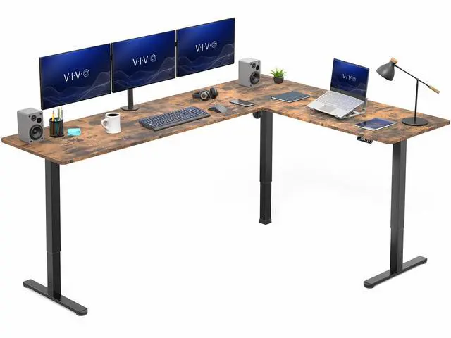 Main image of VIVO Vintage Brown / Black Electric 84" x 63" Corner Desk, L-Shaped Workstation