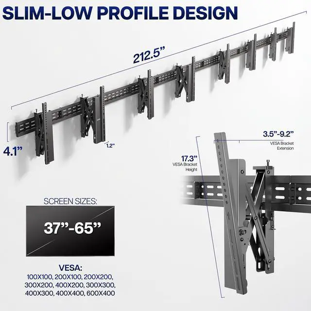 Alt view image 3 of 7 - VIVO Pop-Out 1x4 Video Wall Mount, Quad TV Wall Mount 4 TV Screens 37-65