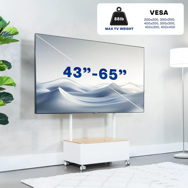 Alt view image 6 of 7 - VIVO White Studio Rolling TV Stand, 43-65 Screen, Bamboo Cover Hidden Storage