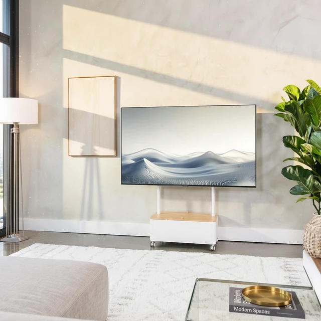 Alt view image 2 of 7 - VIVO White Studio Rolling TV Stand, 43-65 Screen, Bamboo Cover Hidden Storage