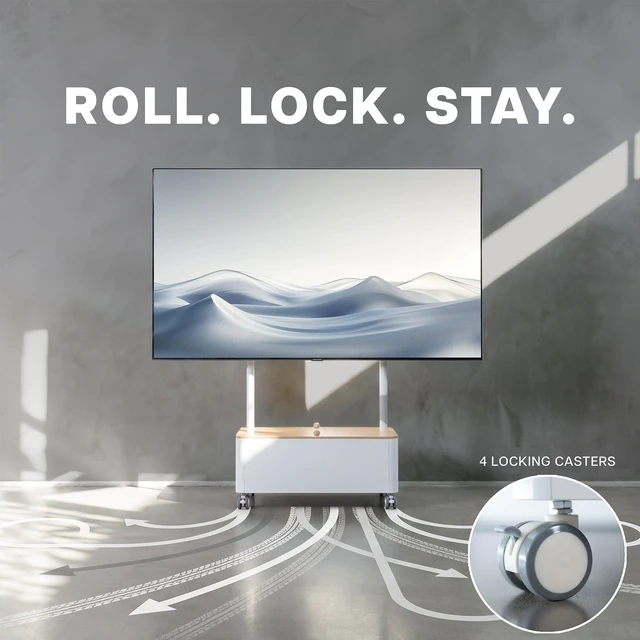 Alt view image 5 of 7 - VIVO White Studio Rolling TV Stand, 43-65 Screen, Bamboo Cover Hidden Storage
