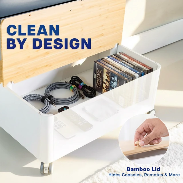 Alt view image 3 of 7 - VIVO White Studio Rolling TV Stand, 43-65 Screen, Bamboo Cover Hidden Storage