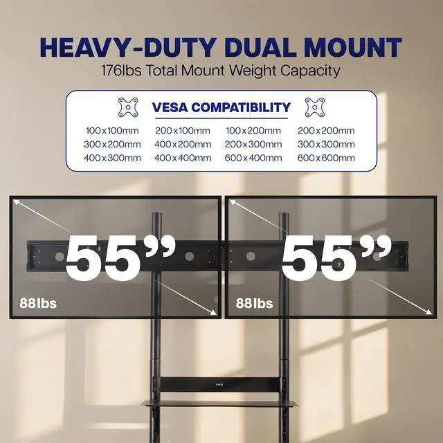 Alt view image 3 of 7 - VIVO Ultra Heavy-Duty Mobile Dual TV Cart, 176 lbs Capacity, 4 Lockable Casters