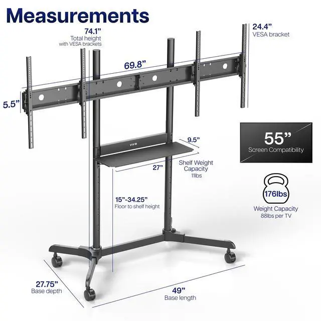 Alt view image 4 of 7 - VIVO Ultra Heavy-Duty Mobile Dual TV Cart, 176 lbs Capacity, 4 Lockable Casters
