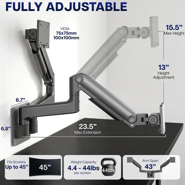 Alt view image 3 of 7 - VIVO Premium Dual Monitor Arm Wall Mount, Fits Ultrawide Dual Screens up to 45