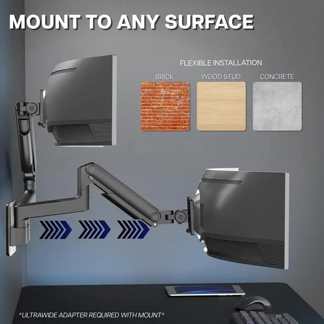 Alt view image 4 of 7 - VIVO Premium Dual Monitor Arm Wall Mount, Fits Ultrawide Dual Screens up to 45
