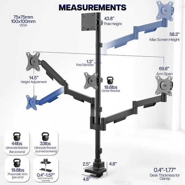 Alt view image 3 of 7 - VIVO Quad Monitor Desk Mount, 2 Mechanical Arms + 2 Fixed Arms, 103.4 Capacity