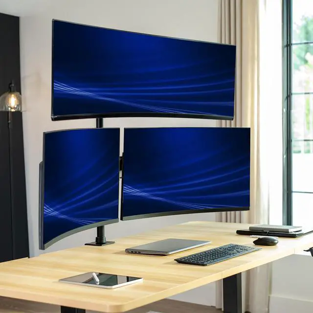 Alt view image 2 of 7 - VIVO Triple Monitor Desk Mount, 2 Mechanical Arms + 1 Fixed Arm, Screens 32"-49