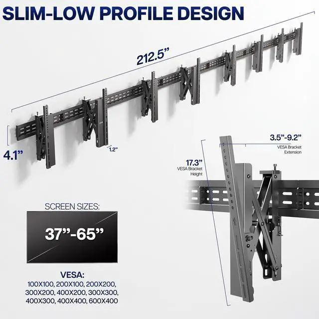 Alt view image 4 of 7 - VIVO Pop-Out 1x4 Video Wall Mount, Quad TV Wall Mount 4 TV Screens 37-65