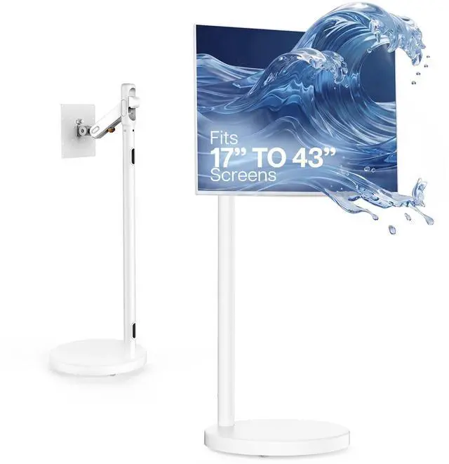 Main image of White Rolling TV Cart with Mechanical Arm, 1743" Screens, Height Adjustable