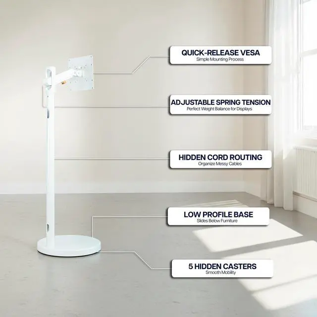 Alt view image 2 of 7 - White Rolling TV Cart with Mechanical Arm, 1743" Screens, Height Adjustable
