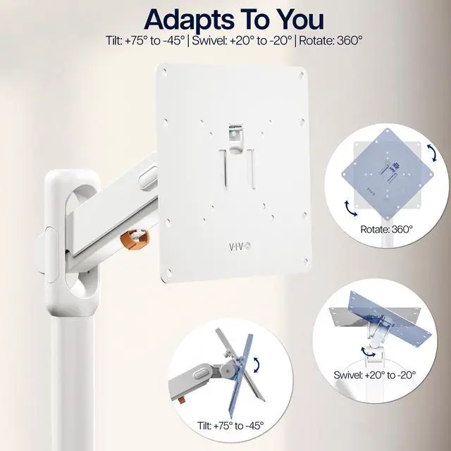 Alt view image 7 of 7 - White Rolling TV Cart with Mechanical Arm, 1743" Screens, Height Adjustable