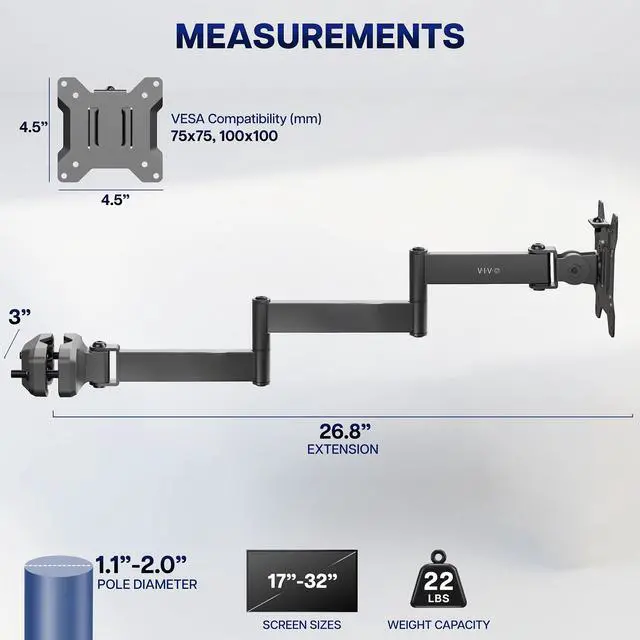 Alt view image 4 of 7 - VIVO Long Arm Monitor Pole Mount Monitor Arm VESA Plate, Fits 17"-32" Screens