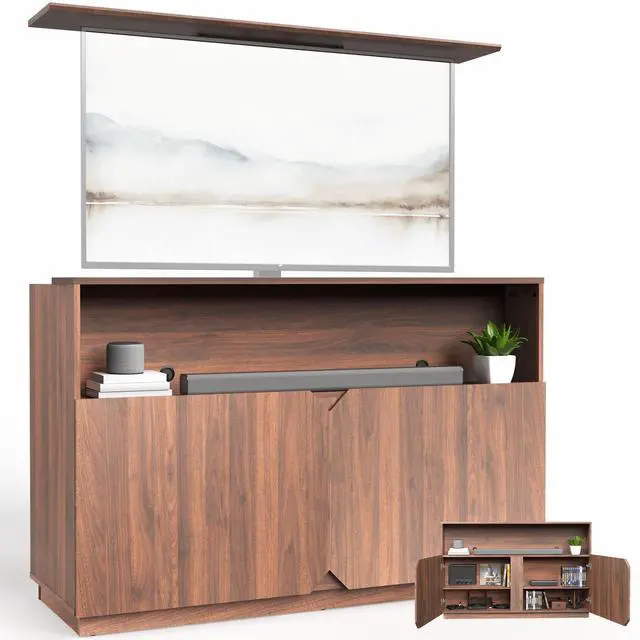 Main image of VIVO Walnut Hidden TV Lift Cabinet with Storage, Fits 32-55" TVs, Holds 132 lbs