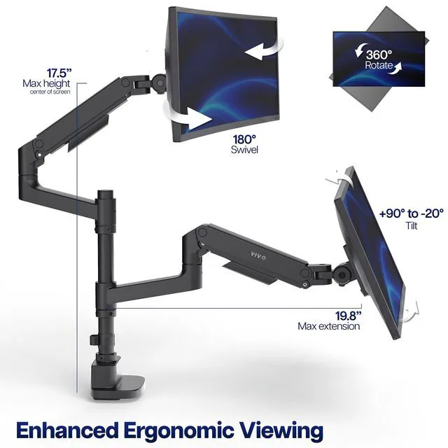 Alt view image 4 of 7 - VIVO Pneumatic Dual Ultrawide Monitor Desk Mount Pole, Up to 49" Screens