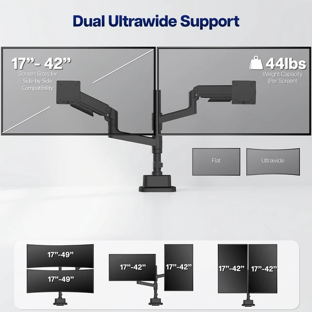 Alt view image 5 of 7 - VIVO Pneumatic Dual Ultrawide Monitor Desk Mount Pole, Up to 49" Screens
