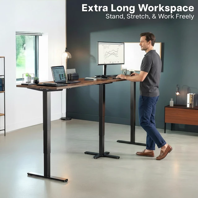 Alt view image 2 of 7 - VIVO Electric 109"x24" Extra Long Standing Desk, Vintage Brown Tops, Black Frame
