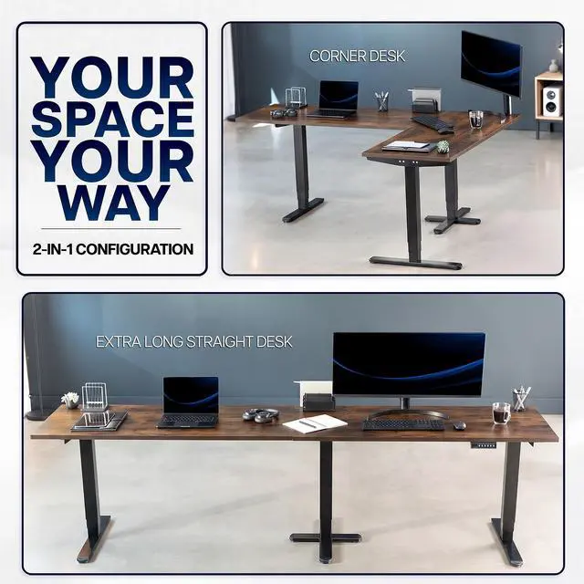 Alt view image 4 of 7 - VIVO Electric 109"x24" Extra Long Standing Desk, Vintage Brown Tops, Black Frame