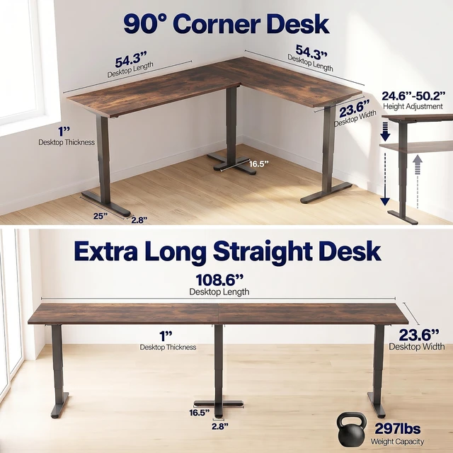 Alt view image 6 of 7 - VIVO Electric 109"x24" Extra Long Standing Desk, Vintage Brown Tops, Black Frame