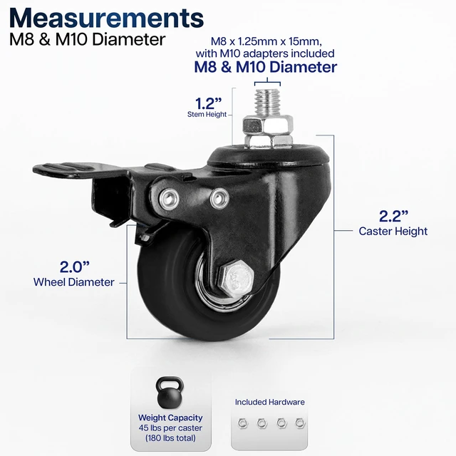 Alt view image 2 of 7 - VIVO 1.5" M8 & M10 Caster Wheels (Set of 4) for TV Carts, Desk Frames, & More