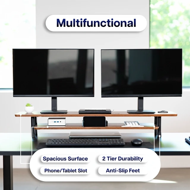 Alt view image 5 of 7 - VIVO Walnut Monitor Stand Riser, 2-Tier 42 x 11 Desk Shelf, Holds 66 lbs