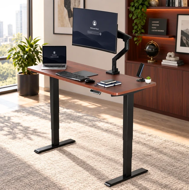Alt view image 2 of 7 - VIVO PRO 2-Motor 60 x 24 Standing Desk, 1-Piece Dark Walnut Top, Black Frame