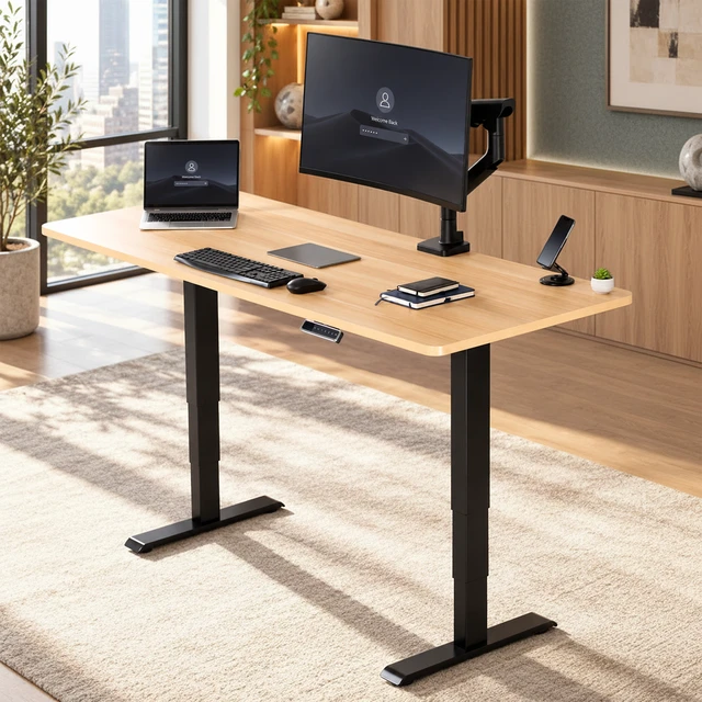 Alt view image 2 of 7 - VIVO PRO 2-Motor 71 x 30 Standing Desk, 1-Piece Light Wood Top, Black Frame