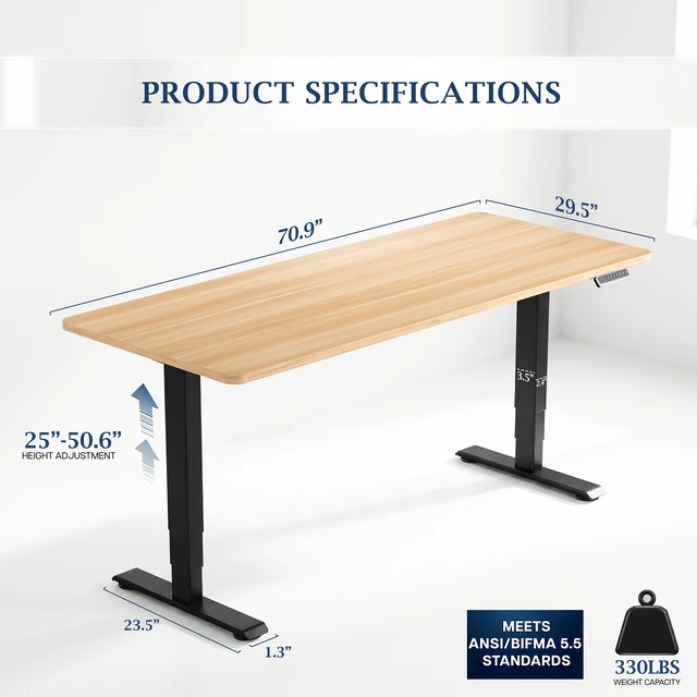 Alt view image 4 of 7 - VIVO PRO 2-Motor 71 x 30 Standing Desk, 1-Piece Light Wood Top, Black Frame