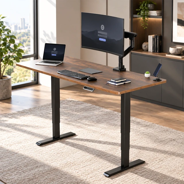 Alt view image 2 of 7 - VIVO PRO 2-Motor 71 x 30 Standing Desk, 1-Piece Vintage Brown Top, Black Frame